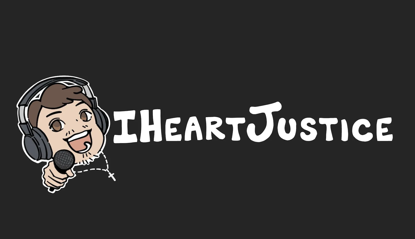 Dark version of the final logo: the coloured character in grey headphones with white outlines beside a white IHeartJustice wordmark on a charcoal background