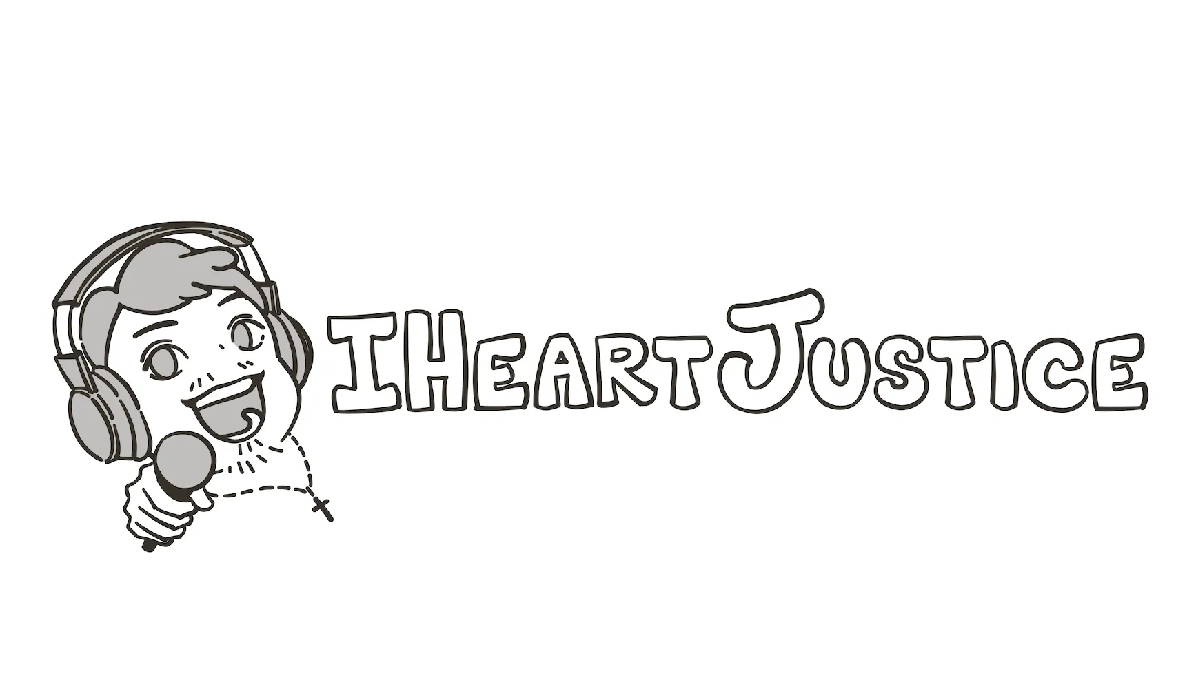 Clean grey and black line work of the character in headphones holding a mic, with a rosary at his collar, beside the outlined IHeartJustice wordmark