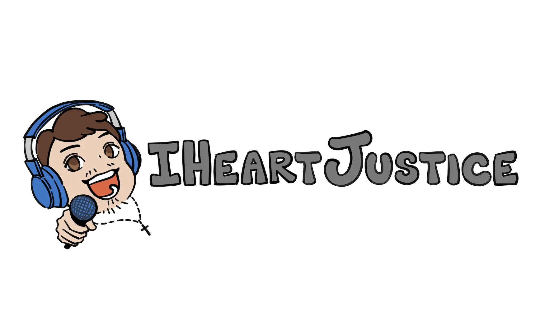 Light version of the final logo: the character in blue headphones holding a blue mic beside a grey IHeartJustice wordmark on white