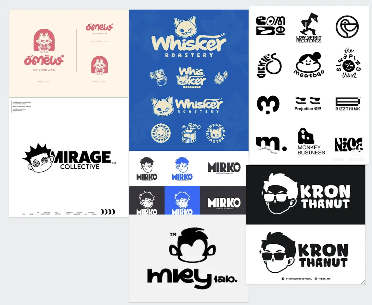 Client moodboard of bold mascot logos, including a cat cafe mark, a winking cat coffee roastery, cartoon character heads beside chunky wordmarks, and a grid of black and white logos