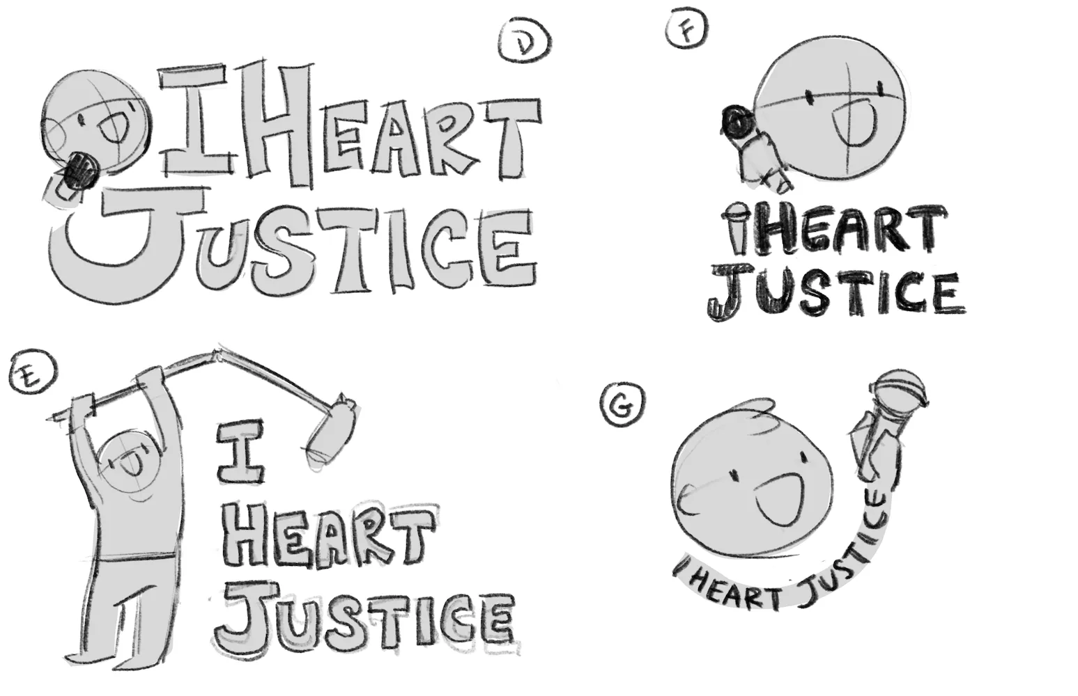 Rough thumbnails D to G: a stacked wordmark with a head and mic, a figure holding a boom mic over the text, a head with the text below, and text curving around a head into a raised mic