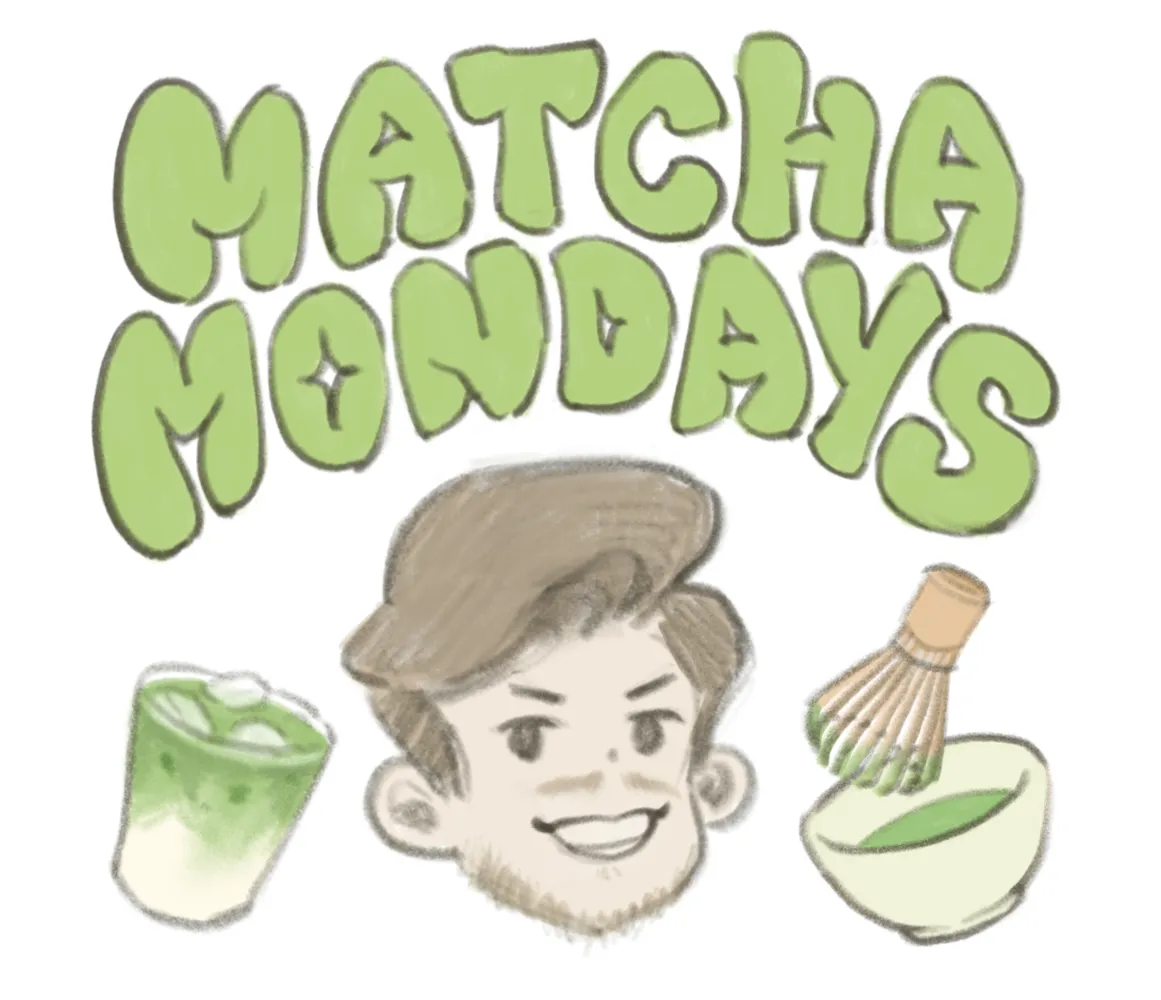 Colour sketch of the chosen layout: green arched lettering above Jake's head, flanked by an iced matcha latte and a whisk over a matcha bowl