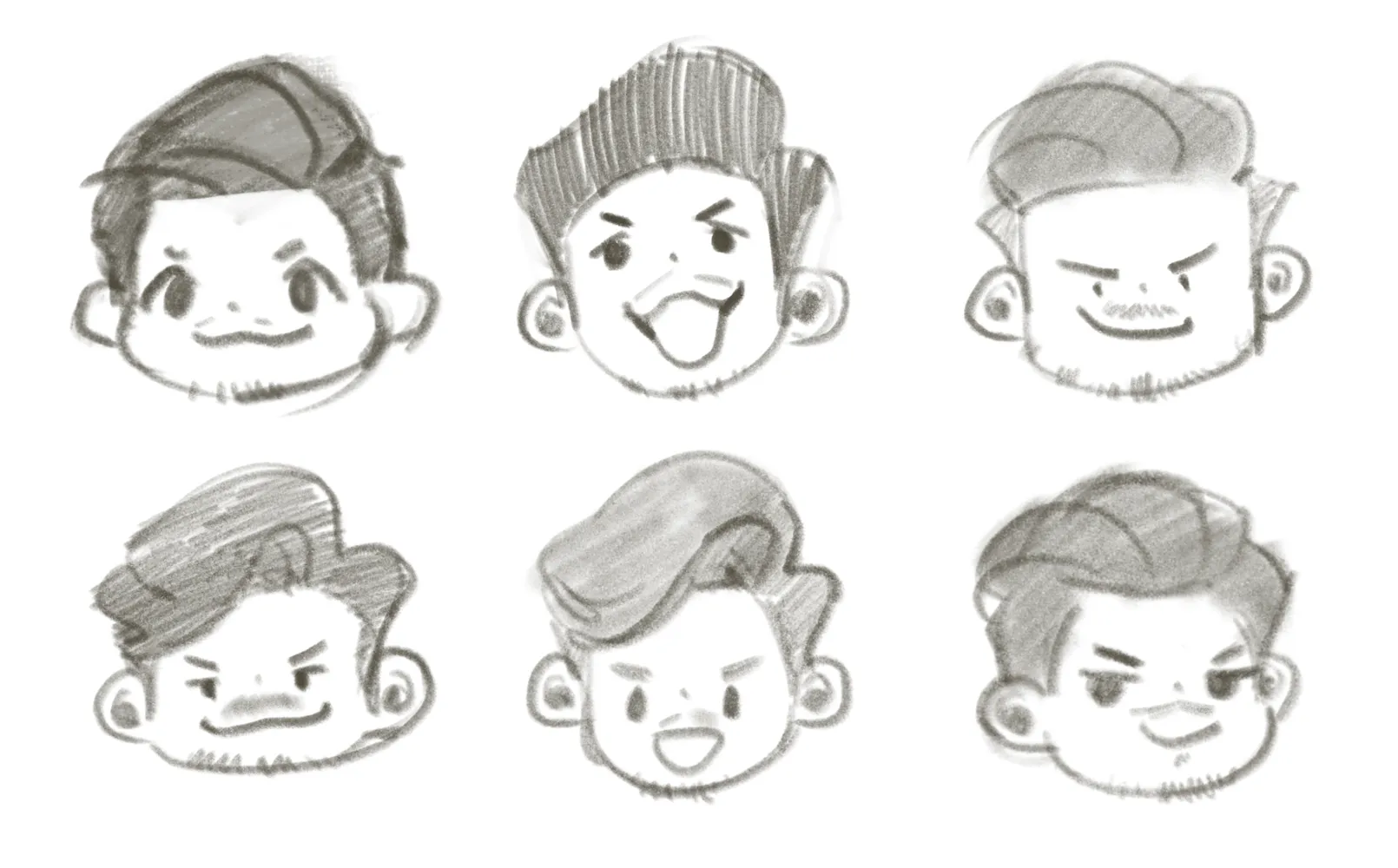 Six rough pencil sketches of Jake's head, each trying a different hairstyle, expression and face shape