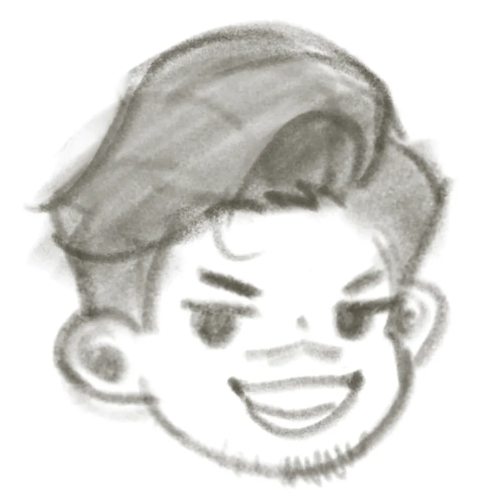 Iteration 1: a pencil sketch of Jake with a rounder face and a sideways glance