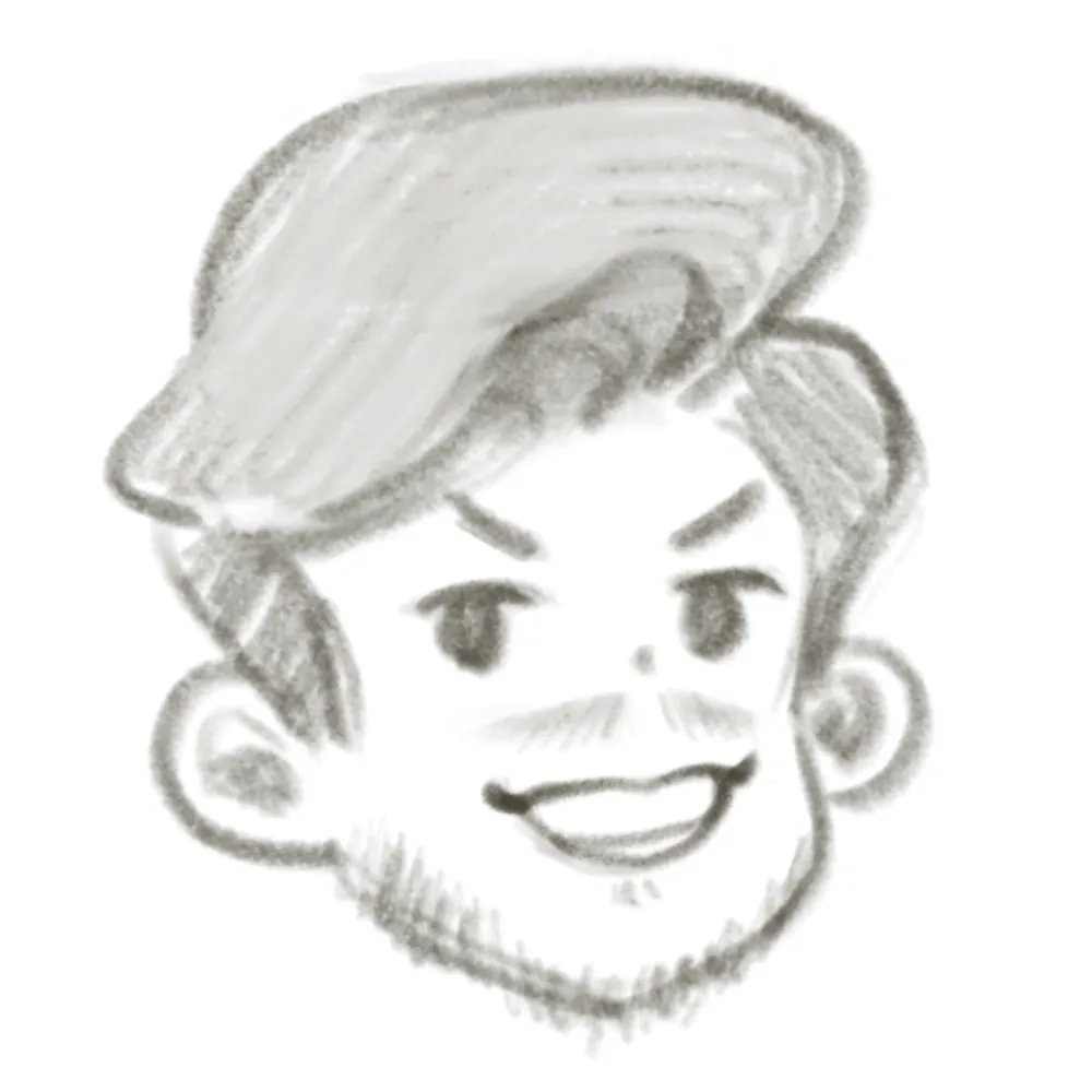 Iteration 3: the same quiff with a wider, open-mouthed grin
