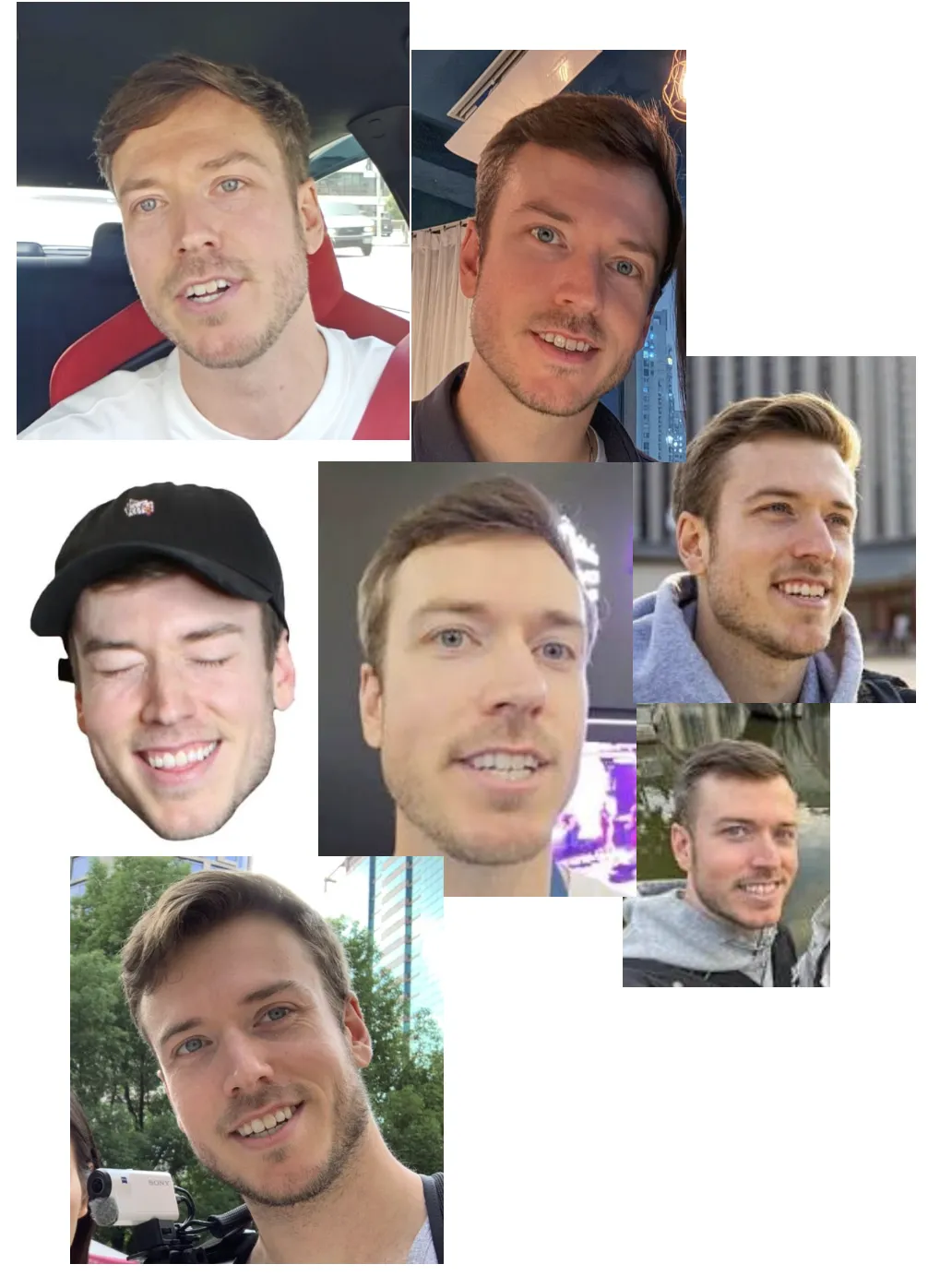 Collage of reference photos of Jake, showing his swept-back light brown hair, short beard and wide smile from several angles