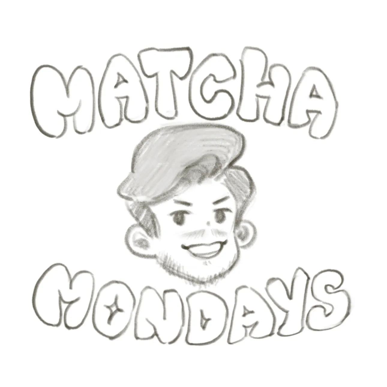 Layout 2: Jake's head sandwiched between Matcha above and Mondays below