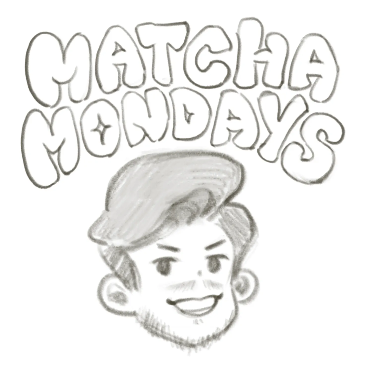Layout 3: Matcha Mondays arched in two lines above Jake's head