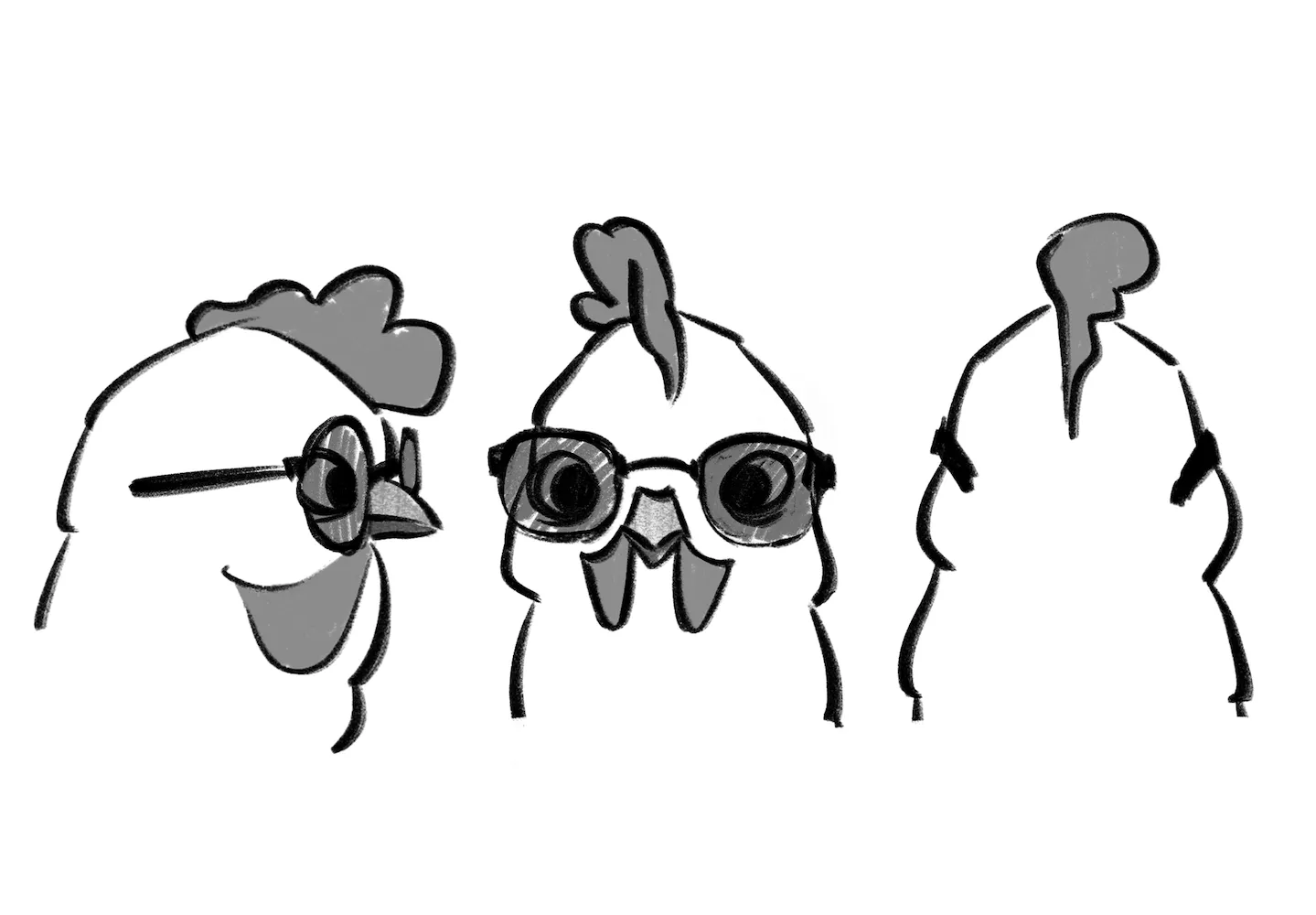 Bust turnaround of a chicken wearing round glasses, in side, front and back views