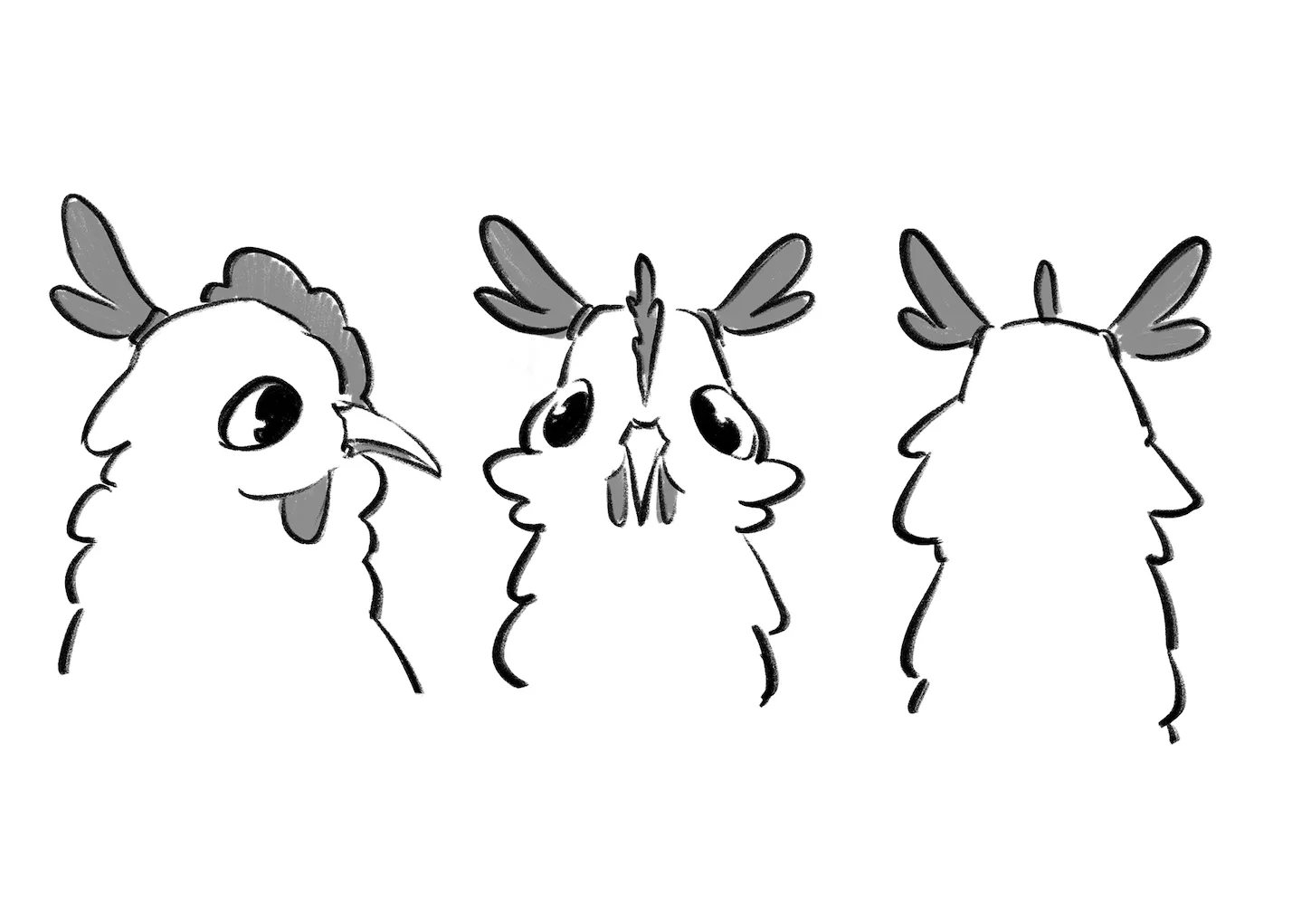 Bust turnaround of a fluffy chicken with wing-shaped head feathers, in side, front and back views