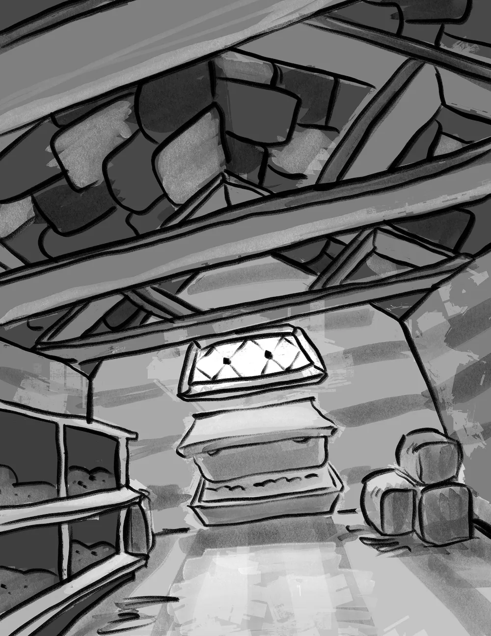 Greyscale interior of the coop: wooden rafters, a tiled roof, nesting shelves, hay bales and a small window