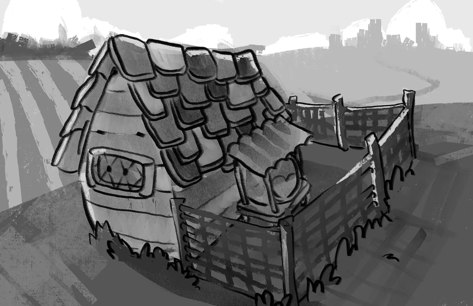 Greyscale exterior of the coop: a round wooden house with a shingled roof and a fenced yard, with a city on the hills behind