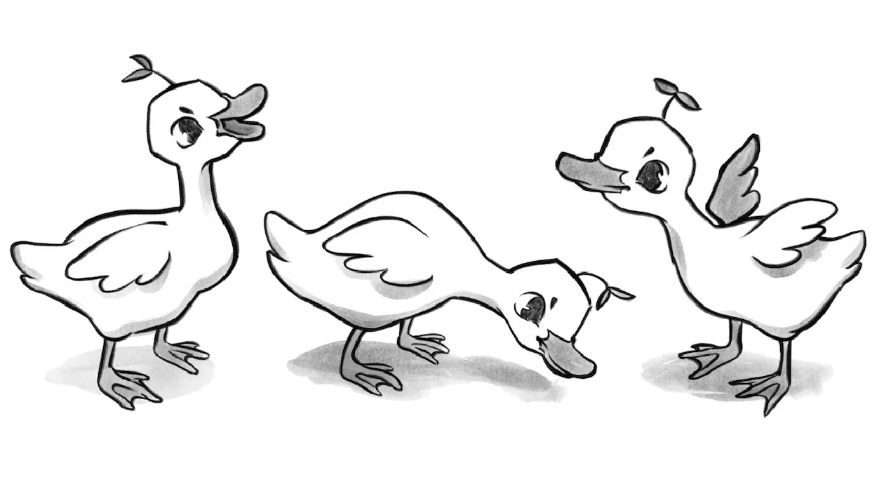 Full-body poses of the duck: quacking, bending down to peck, and stretching a wing