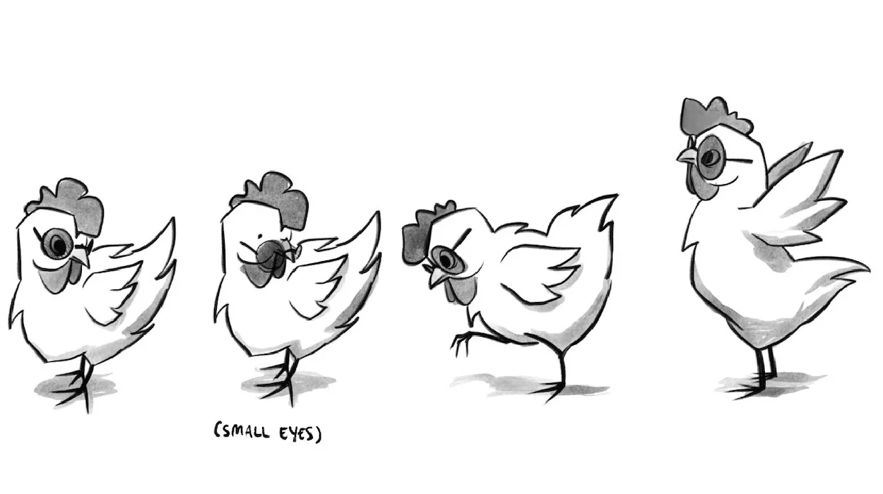 Full-body poses of the chicken with glasses, including a small-eyes variation