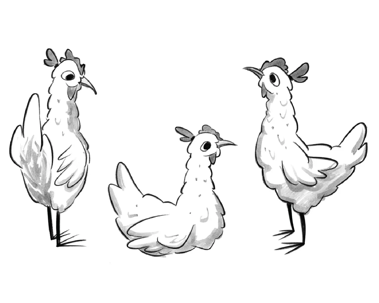 Full-body poses of the fluffy chicken standing, sitting and looking up