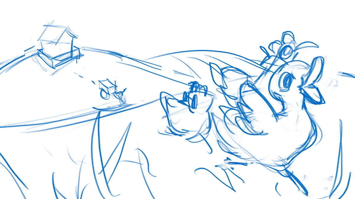 Rough blue sketch 1: the duck and chickens running across a hill, with the coop and a bicycle cart behind them