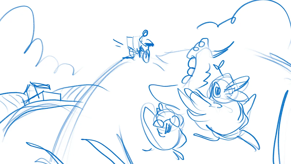 Rough blue sketch 2: the duck and a chicken fleeing over the hill as the cart rides after them
