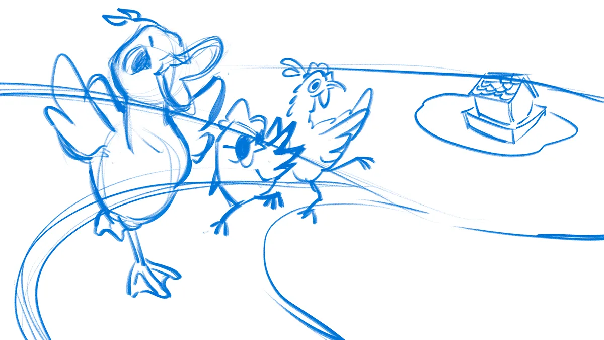 Rough blue sketch 3: the duck and two chickens dancing down a winding path away from the coop