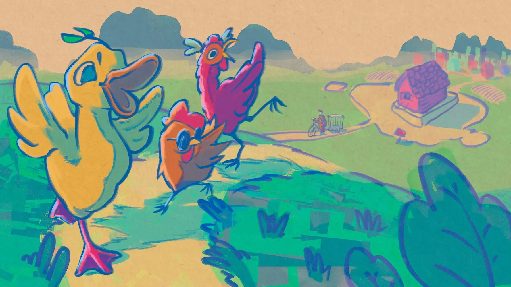 Final coloured spread: the yellow duck and two chickens dance down a green hill, with the bicycle cart and pink coop in the distance and a city on the horizon