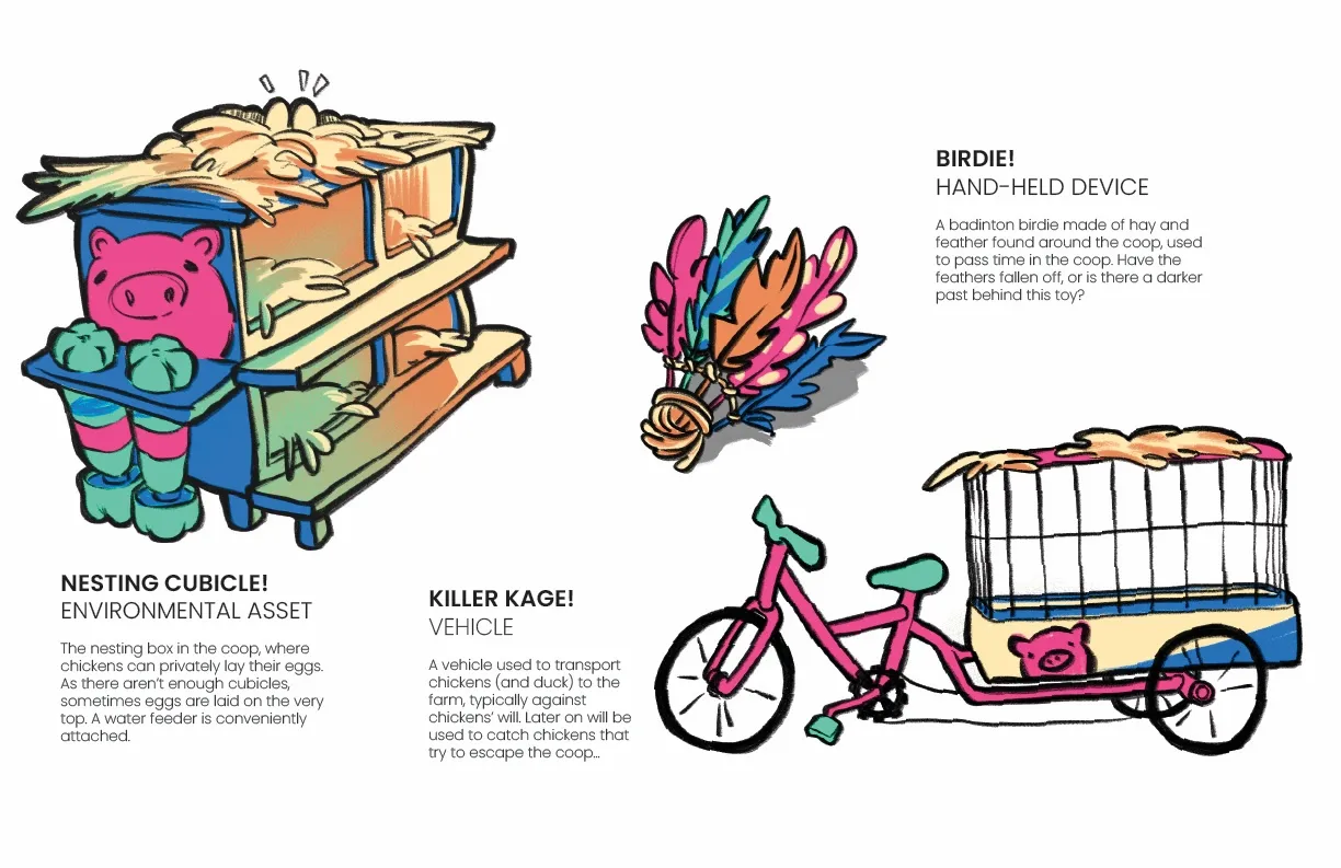 Coloured prop sheet: the Nesting Cubicle with an attached water feeder, the Birdie badminton shuttlecock made of hay and feathers, and the Killer Kage bicycle cart used to transport chickens