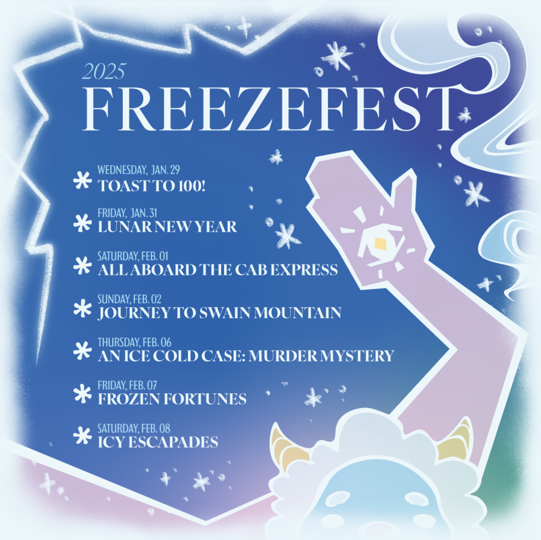 Square 2025 FreezeFest schedule Instagram post with the yeti peeking up from the bottom corner