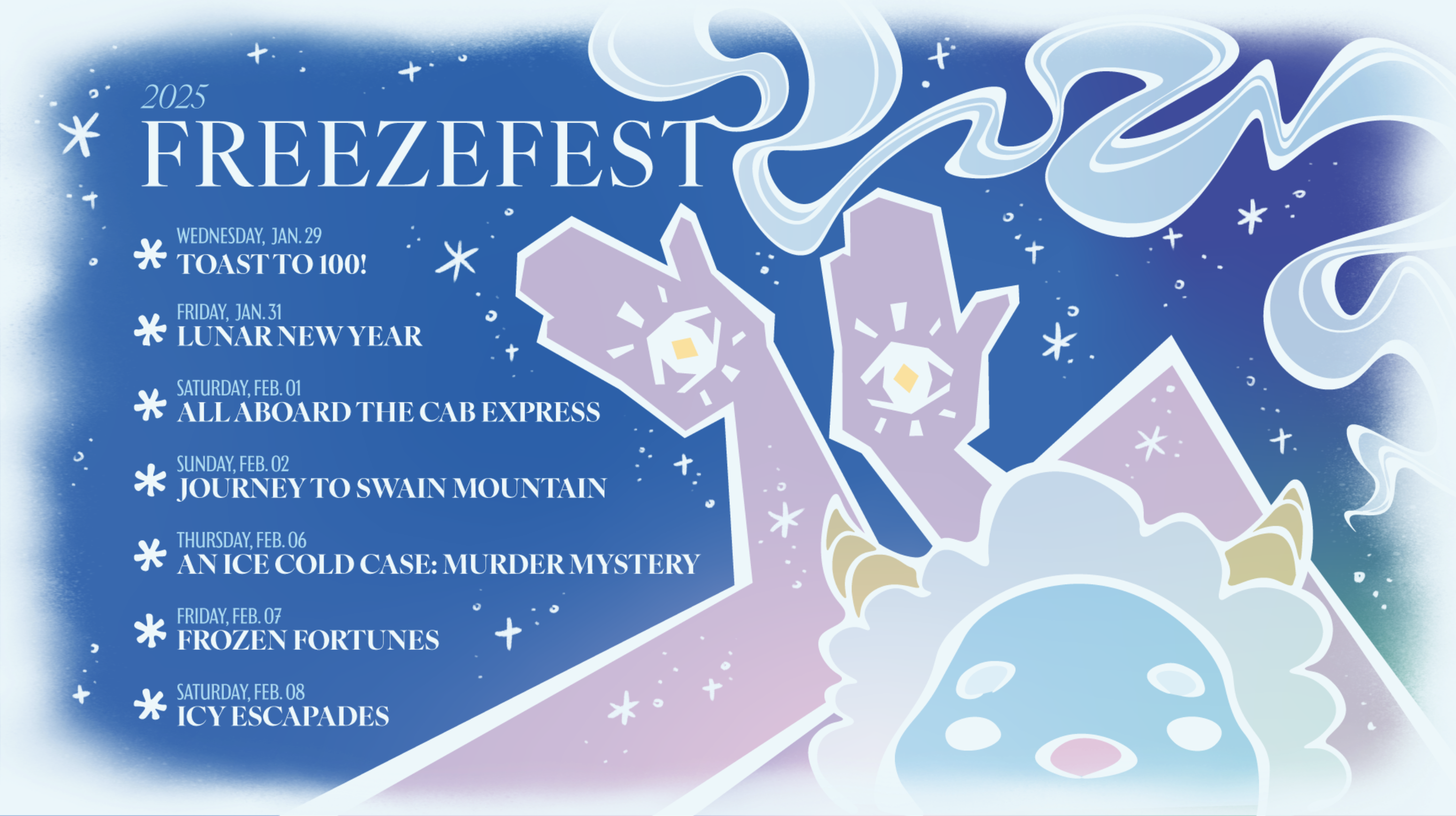 2025 FreezeFest schedule LCD graphic listing seven events from Jan 29 to Feb 8, with the yeti's raised hands and swirling icy shapes