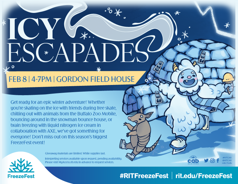 Icy Escapades flyer with event details and a description of free skate, zoo animals, a bounce house and nitrogen ice cream