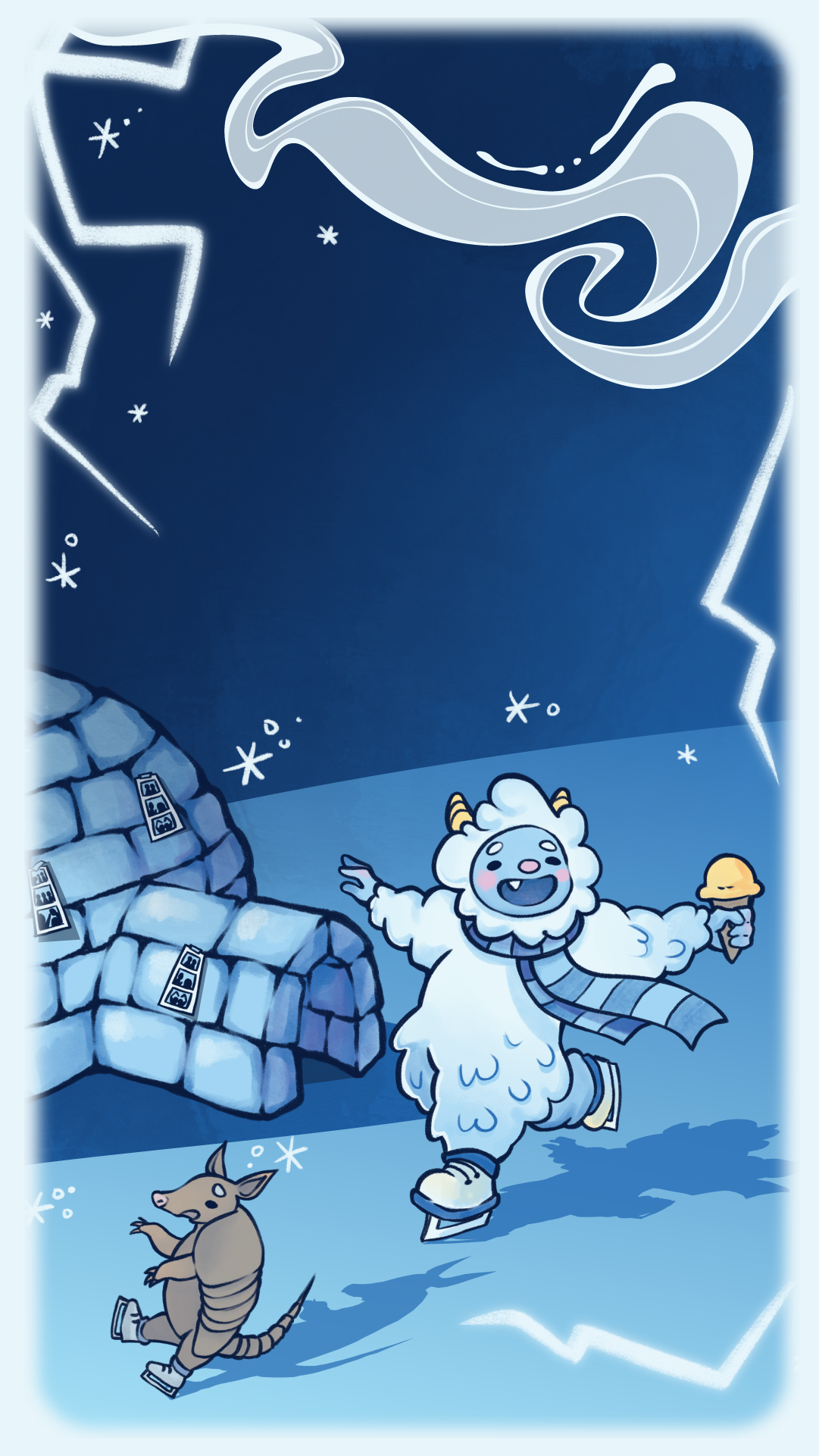 Vertical Icy Escapades Instagram story artwork of the yeti and armadillo skating under a starry sky