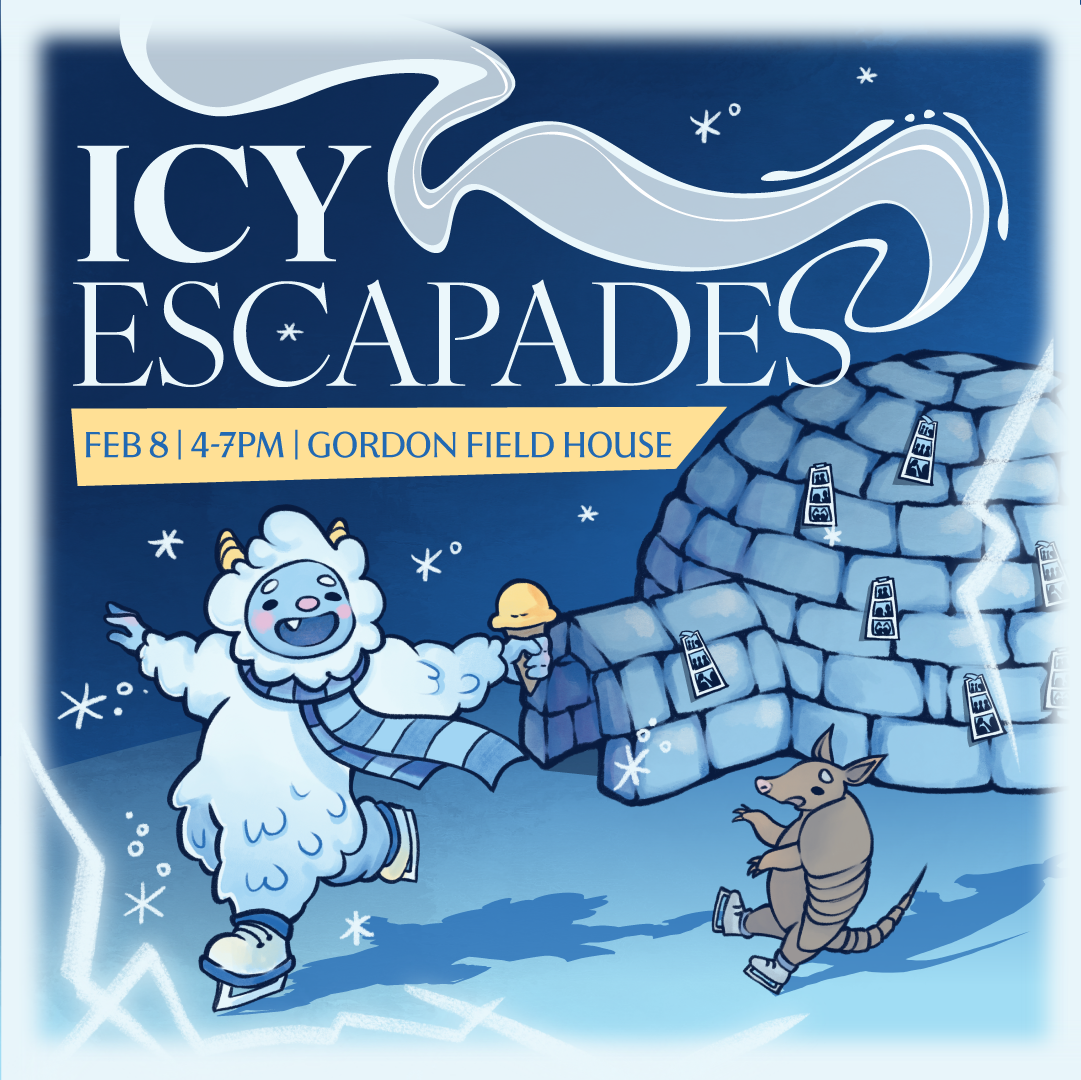 Square Icy Escapades Instagram post with the yeti and armadillo skating beside an igloo