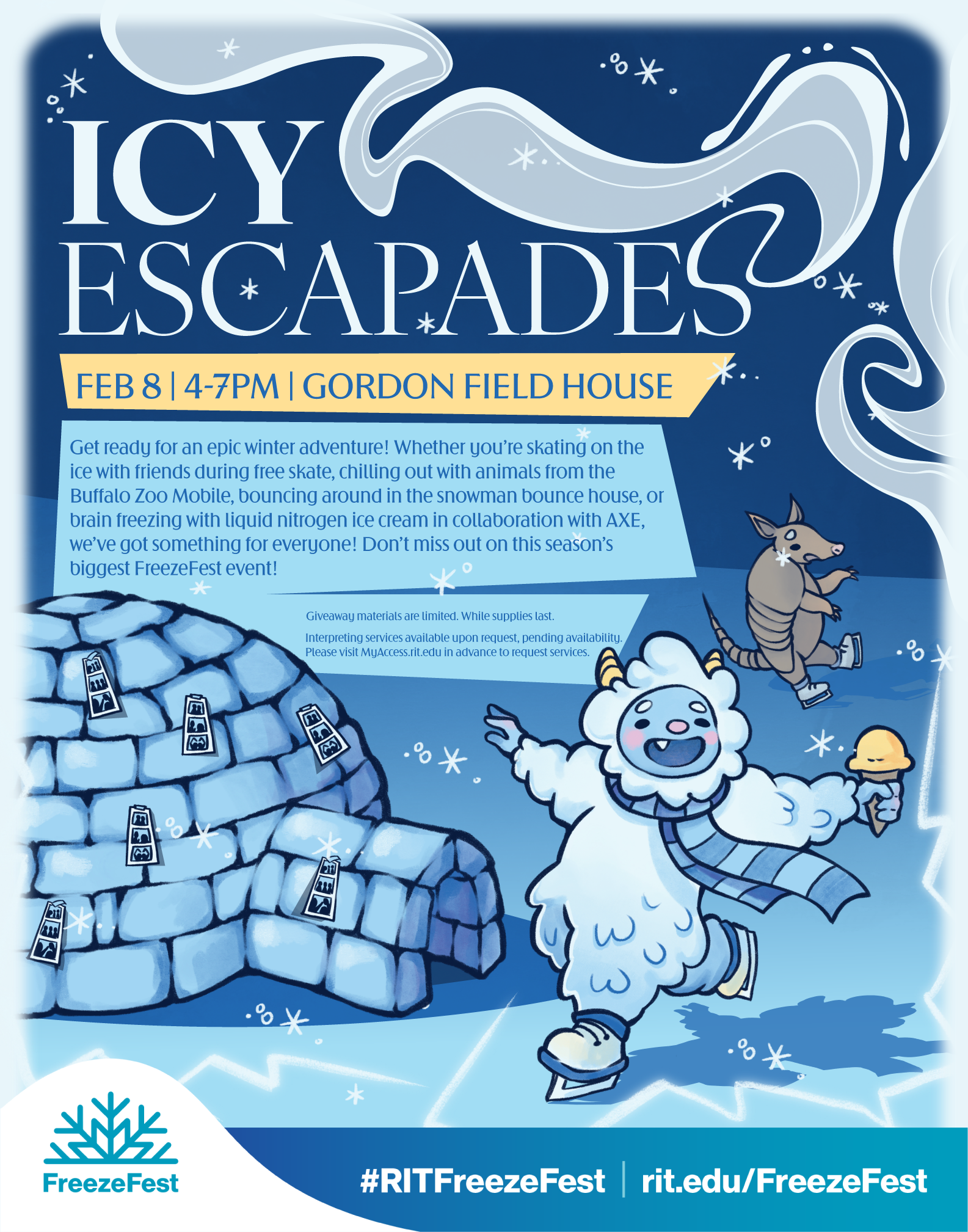 Icy Escapades sandwich board poster with the yeti holding an ice cream cone in front of a large igloo