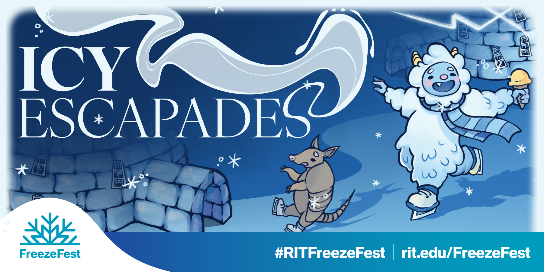 Icy Escapades web banner with the yeti mascot and an armadillo ice skating past an igloo under a swirling night sky
