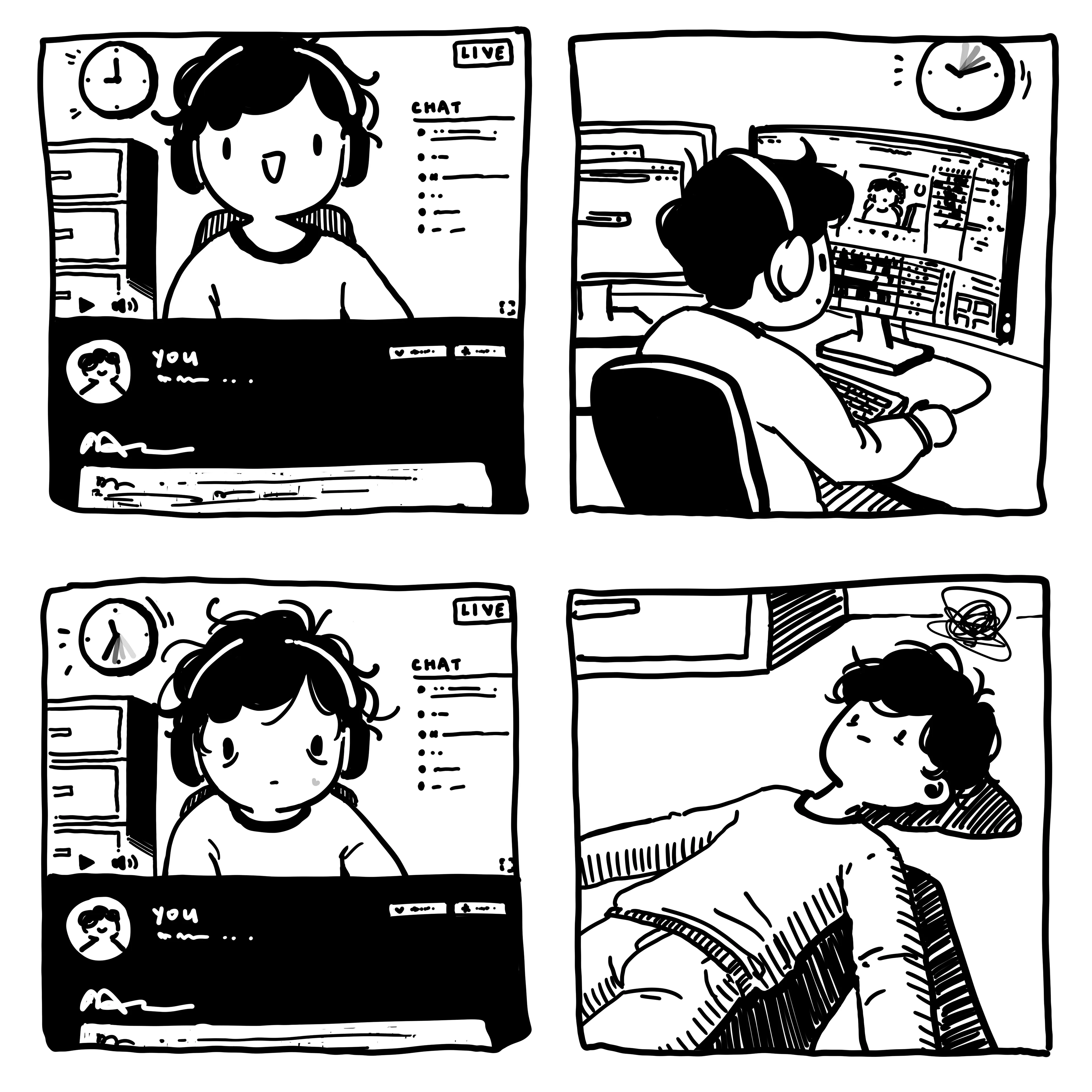 Final black and white problem comic: a cheerful streamer goes live, edits footage for hours, returns to stream tired, and ends up burnt out leaning back in their chair