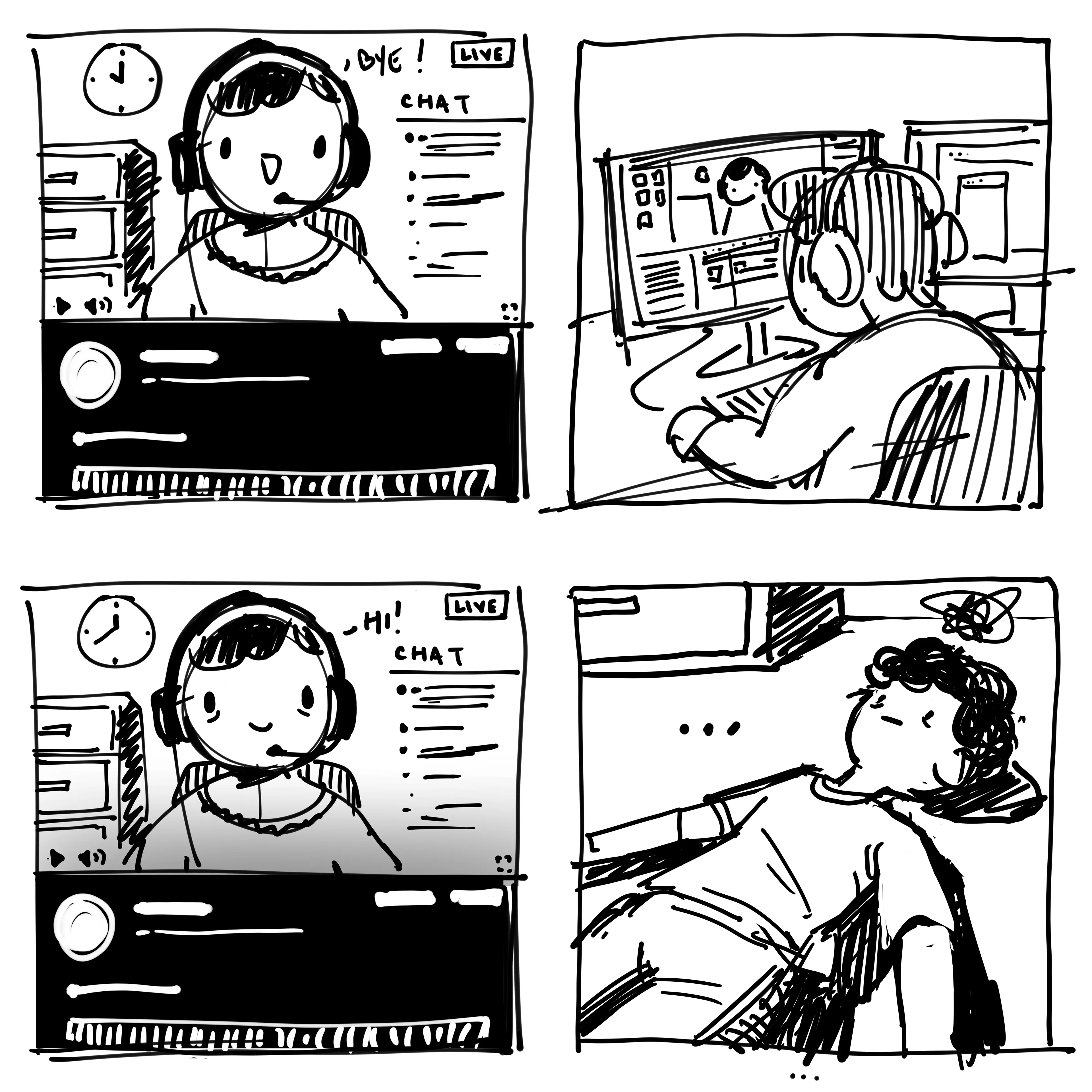Rough sketch of the problem comic: a streamer live, editing footage at a desk, streaming again, then slumped in exhaustion