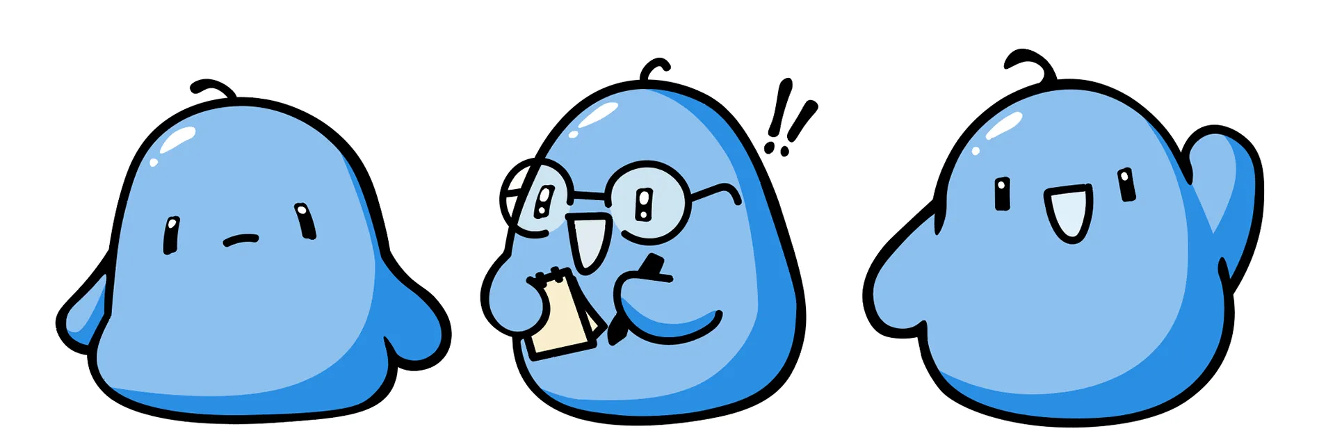 First digital iteration of three glossy blue blob mascots: a neutral pose, one with glasses taking notes, and one waving
