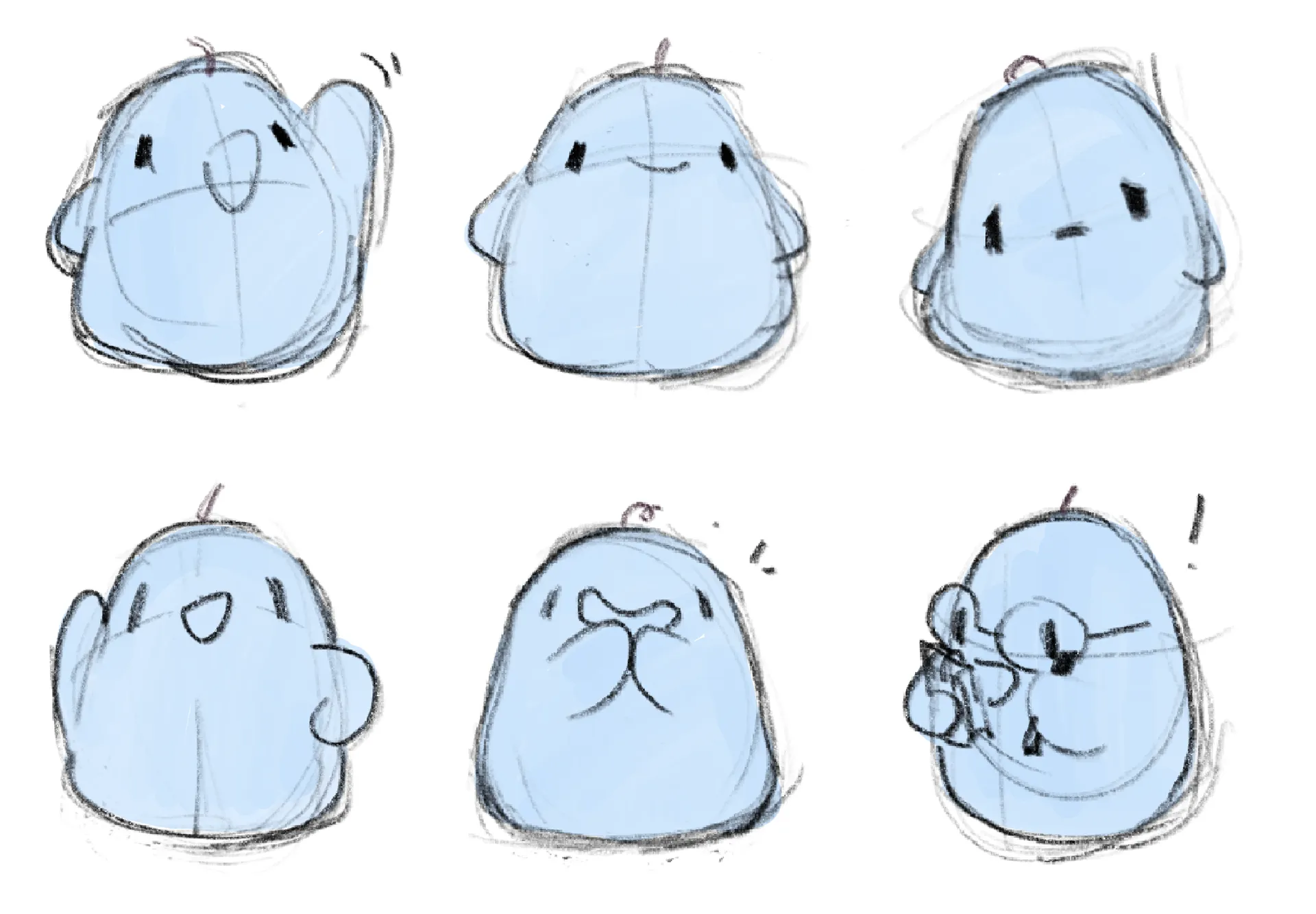 Six rough pencil sketches of a round, blobby light-blue mascot showing different expressions: waving, smiling, worried, cheering, pouting and holding a notepad