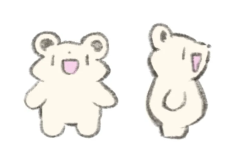 Turnaround sketch of Miumi, a cream-colored blobby gerbil, shown from the front and side with an open-mouthed smile
