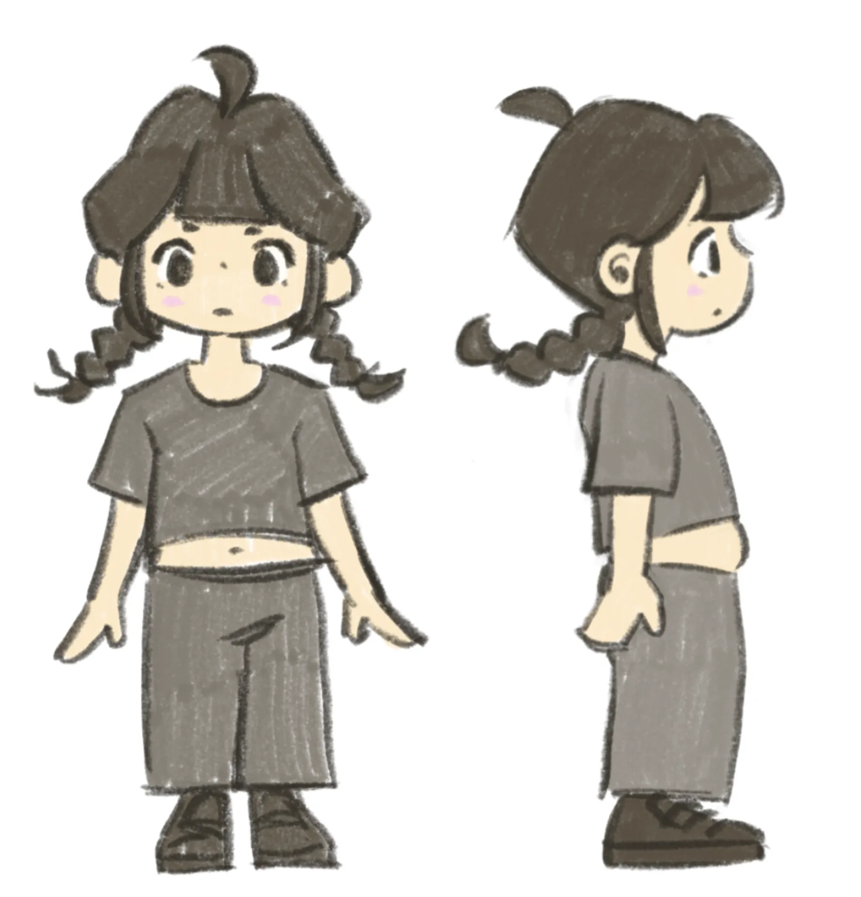Turnaround sketch of Yue, a girl with braids and a cowlick, dressed head to toe in grey, shown from the front and side